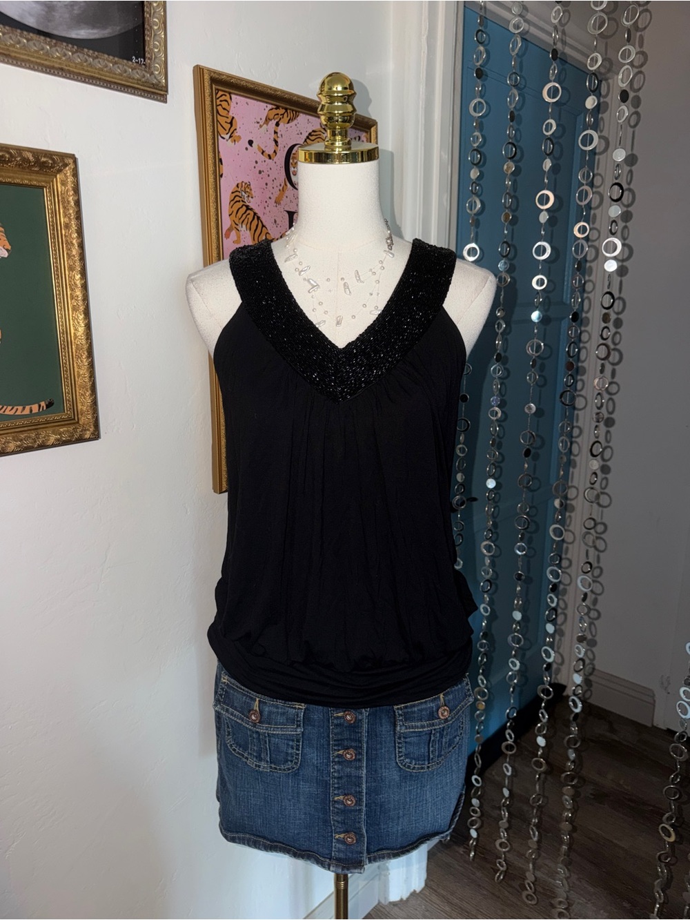 Y2K Black Beaded V-Neck Women's Tank Top